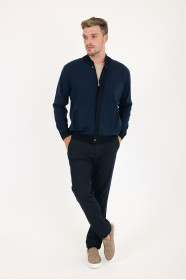Navy 1 Bomber Collar Zip Snap Wool Knit Jacket