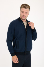 Navy 1 Bomber Collar Zip Snap Wool Knit Jacket