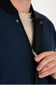Navy 1 Bomber Collar Zip Snap Wool Knit Jacket