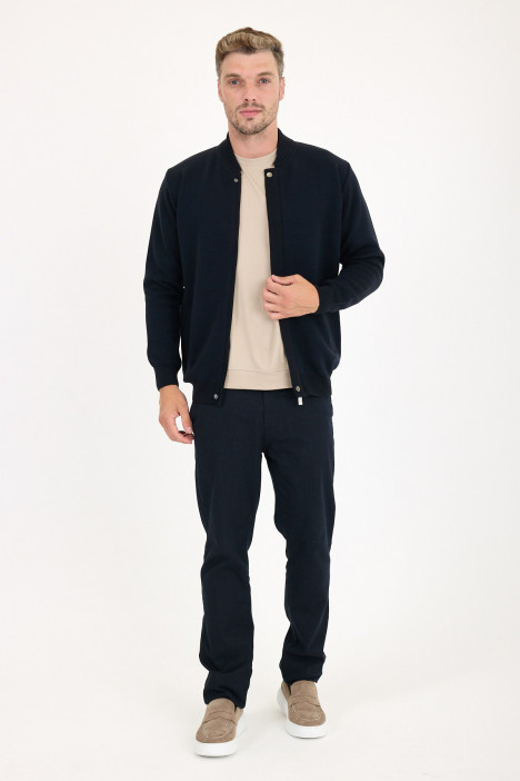 Dark Navy Bomber Collar Zip Snap Wool Knit Jacket