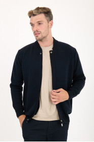 Dark Navy Bomber Collar Zip Snap Wool Knit Jacket