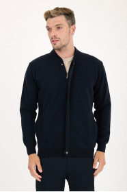 Dark Navy Bomber Collar Zip Snap Wool Knit Jacket
