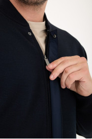 Dark Navy Bomber Collar Zip Snap Wool Knit Jacket