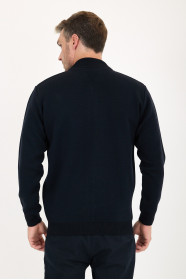 Dark Navy Bomber Collar Zip Snap Wool Knit Jacket