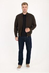 Brown Melange Stand Collar Textured Zip Wool Knit Jacket