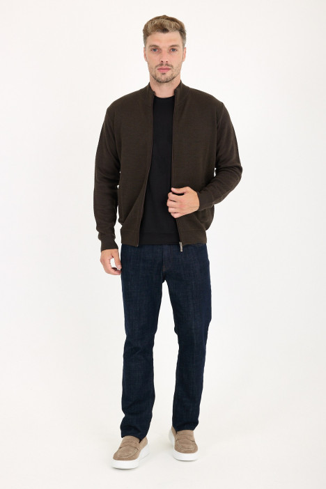 Brown Melange Stand Collar Textured Zip Wool Knit Jacket