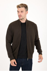 Brown Melange Stand Collar Textured Zip Wool Knit Jacket