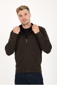 Brown Melange Stand Collar Textured Zip Wool Knit Jacket