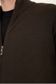 Brown Melange Stand Collar Textured Zip Wool Knit Jacket