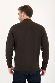 Brown Melange Stand Collar Textured Zip Wool Knit Jacket