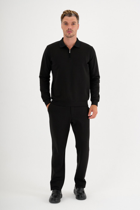 Black Interlock Zip Polo Sweatshirt
