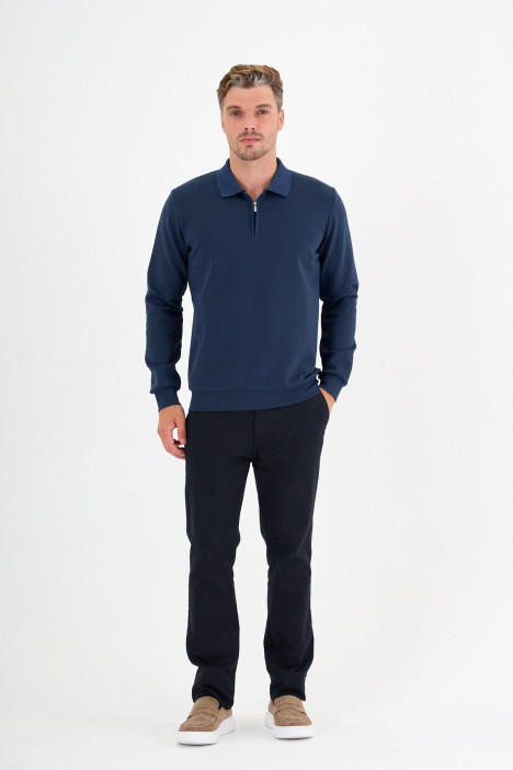 Indigo Interlock Zip Polo Sweatshirt