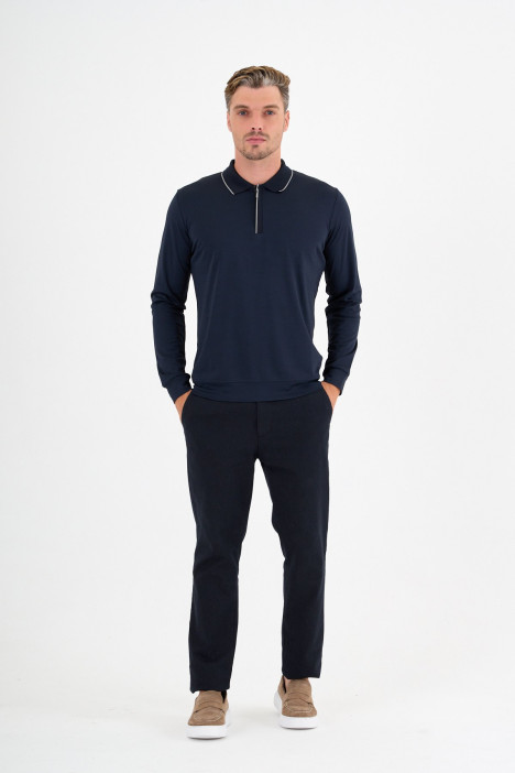 Navy Mercerised Placket Zip Polo
