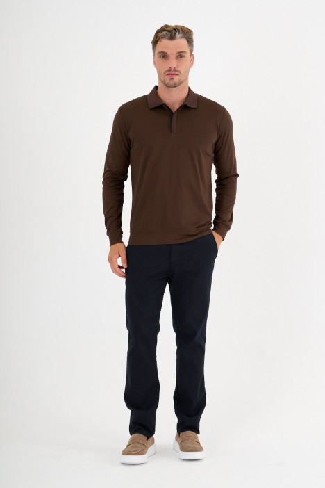 Brown Mercerised Placket Zip Polo