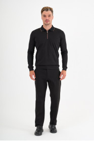 Black Mercerised Contrast Collar Zip Polo