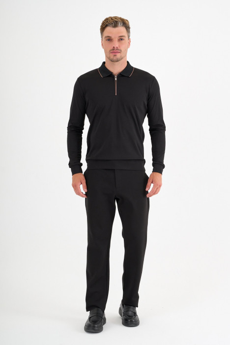 Black Mercerised Contrast Collar Zip Polo