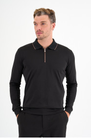 Black Mercerised Contrast Collar Zip Polo