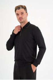 Black Mercerised Contrast Collar Zip Polo