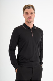 Black Mercerised Contrast Collar Zip Polo