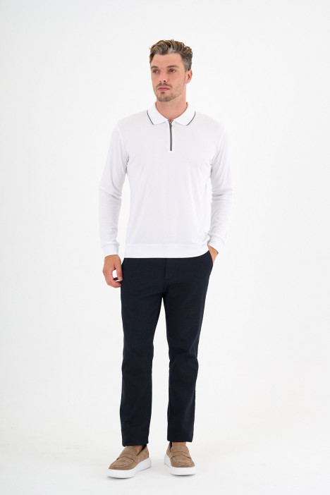 White Mercerised Contrast Collar Zip Polo