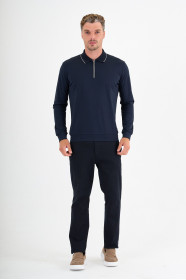 Navy Mercerised Contrast Collar Zip Polo