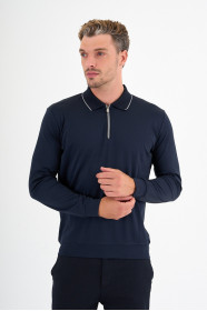 Navy Mercerised Contrast Collar Zip Polo