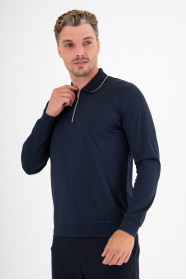 Navy Mercerised Contrast Collar Zip Polo