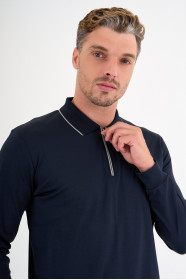 Navy Mercerised Contrast Collar Zip Polo