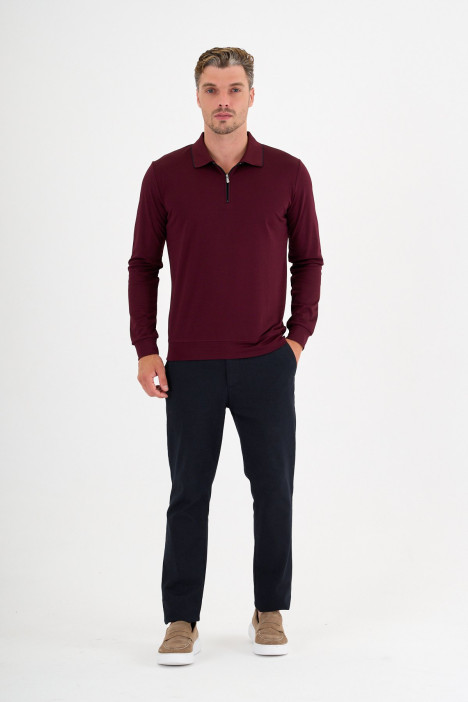 Burgundy Mercerised Contrast Collar Zip Polo
