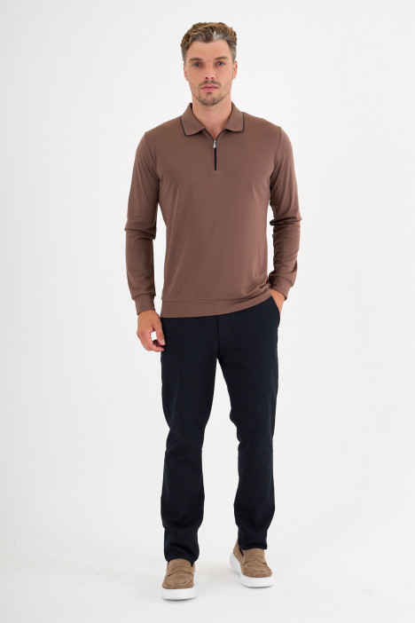 Mink Mercerised Contrast Collar Zip Polo