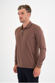 Mink Mercerised Contrast Collar Zip Polo