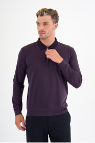 Dark Purple Mercerised Contrast Collar Zip Polo