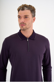 Dark Purple Mercerised Contrast Collar Zip Polo
