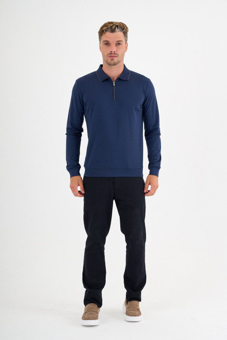Marine Mercerised Contrast Collar Zip Polo