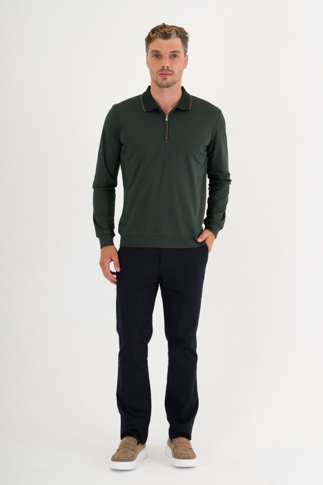 Bottle Green Mercerised Contrast Collar Zip Polo