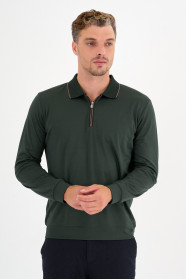 Bottle Green Mercerised Contrast Collar Zip Polo
