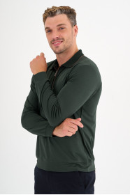 Bottle Green Mercerised Contrast Collar Zip Polo