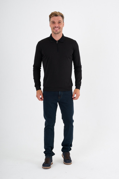 Black Mercerised Long Sleeve Zip Polo