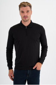 Black Mercerised Long Sleeve Zip Polo