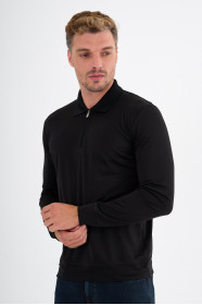 Black Mercerised Long Sleeve Zip Polo
