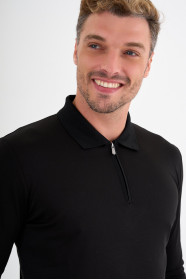 Black Mercerised Long Sleeve Zip Polo