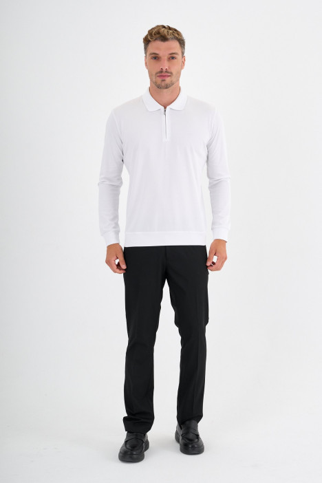 White Mercerised Long Sleeve Zip Polo