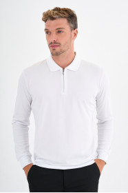 White Mercerised Long Sleeve Zip Polo