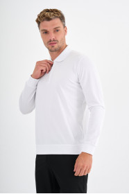 White Mercerised Long Sleeve Zip Polo