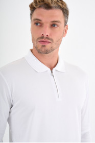 White Mercerised Long Sleeve Zip Polo