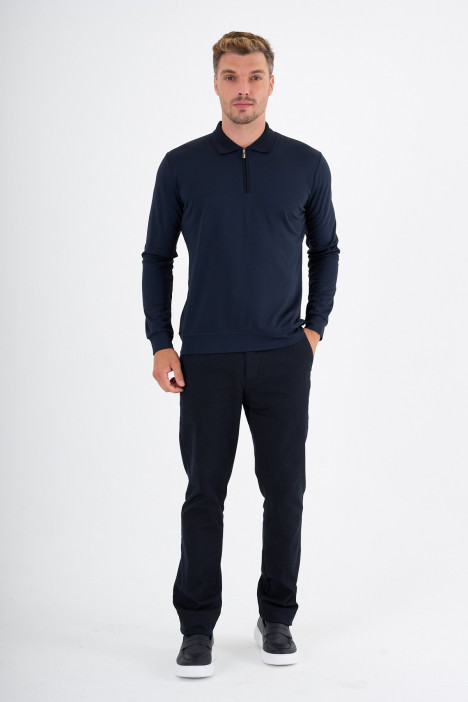 Navy Mercerised Long Sleeve Zip Polo