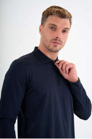 Navy Mercerised Long Sleeve Zip Polo