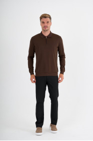 Brown Mercerised Long Sleeve Zip Polo
