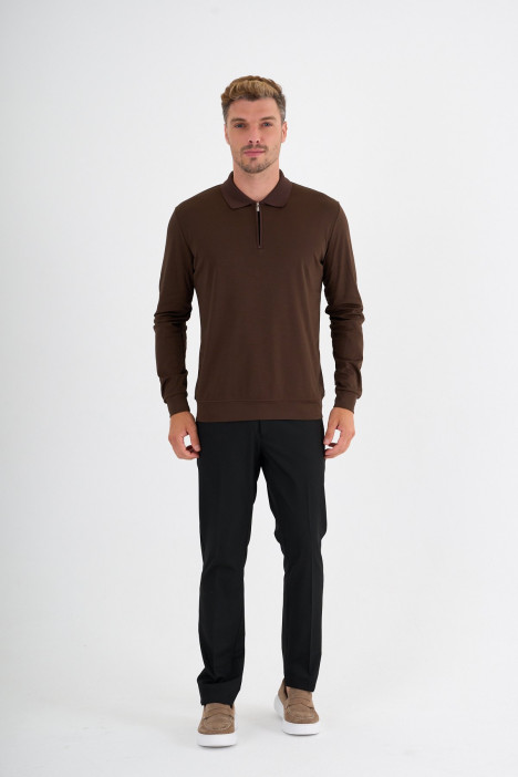 Brown Mercerised Long Sleeve Zip Polo
