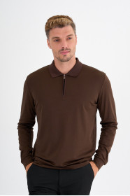 Brown Mercerised Long Sleeve Zip Polo